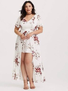 Torrid Ivory Floral Challis Overskirt Romper - Size 16